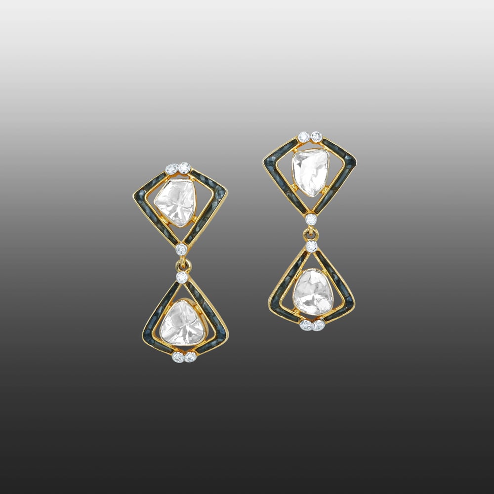 Geometric Polki Earrings with Black Talaf Accents